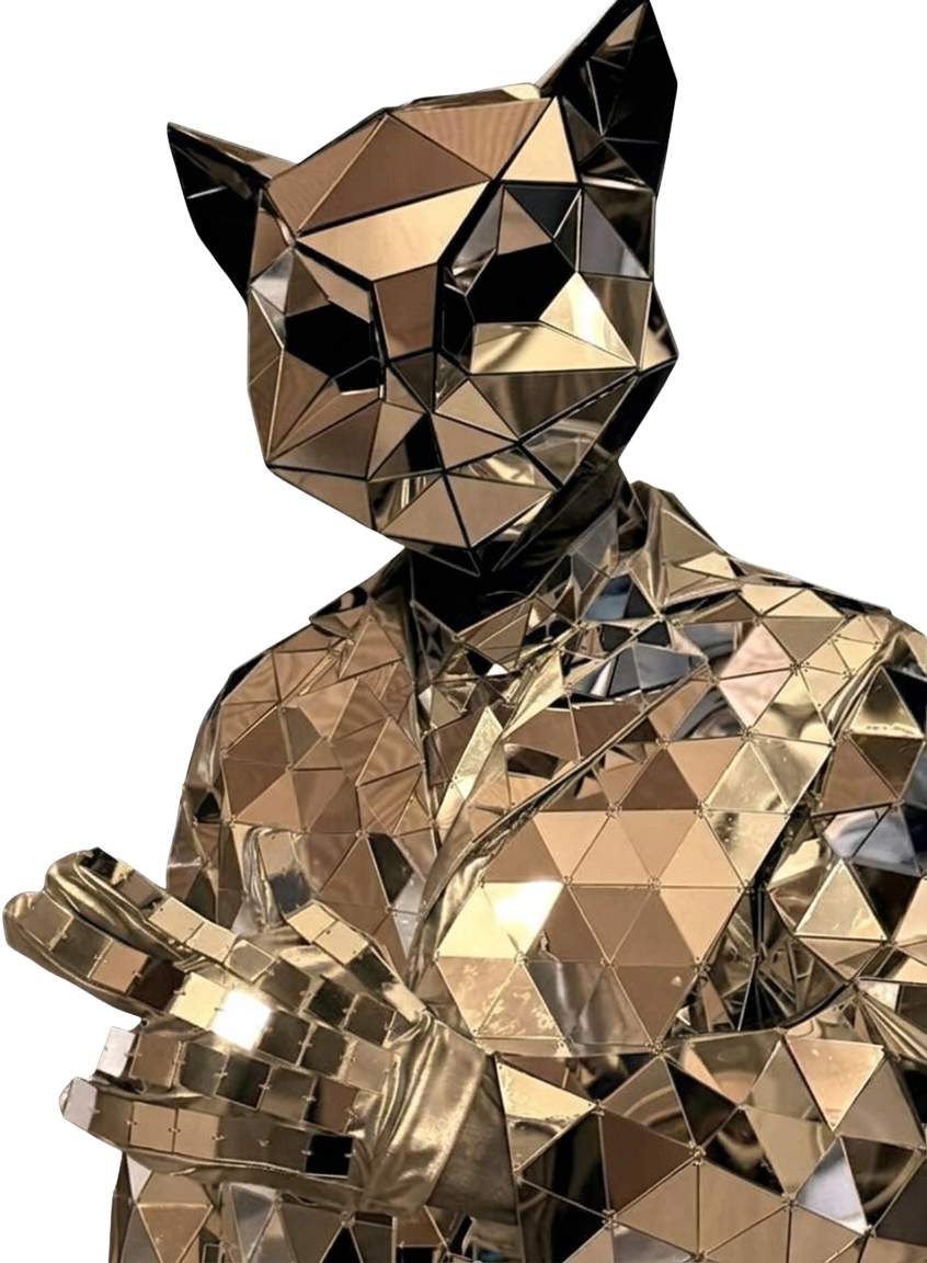 Personaje felino de WE con traje de espejos plateados