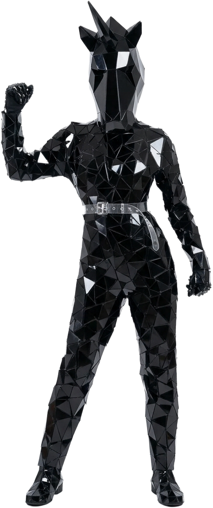 Personaje unicornio de WE con traje de espejos negros en el escenario