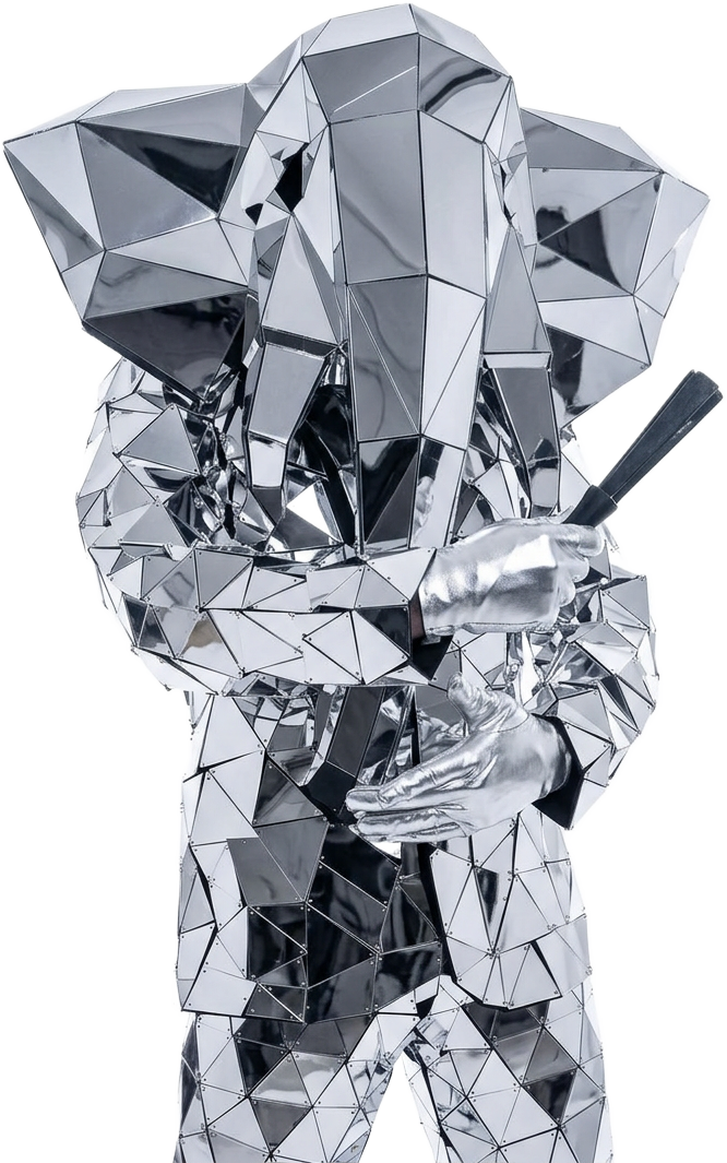 Personaje elefante de WE con traje de espejos plateados